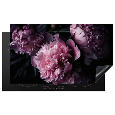 Produktbild von KitchenYeah© Herdabdeckplatte Blumen - Rosa - Pfingstrosen - Schwarz , 89x51cm, Küche Deko, Glaskeramikkochfeld Herdabdeckung, Abdeckplatte fùr Kochfeld