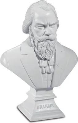 A white bust of Johannes Brahms on a white background.
