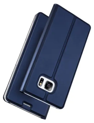 A blue flip case for a smartphone is shown against a white background.