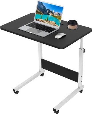 A black adjustable laptop table with a laptop, mouse, and cup holder on a white background.