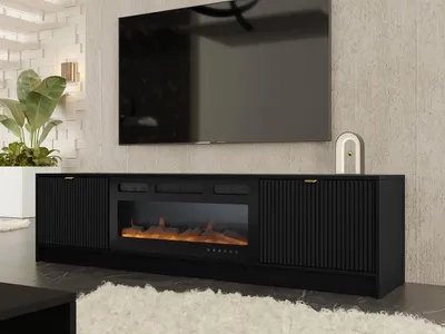 Produktbild von MIRJAN24 TV-Lowboard Tireno EF mit Kamin, TV-Tisch mit Klappe, Aluminiumgriff in der Farbe Gold (Farbe: Schwarz Molet)