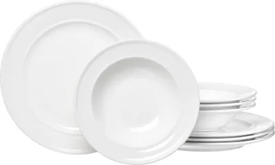A set of white porcelain plates and bowls are arranged on a white background.