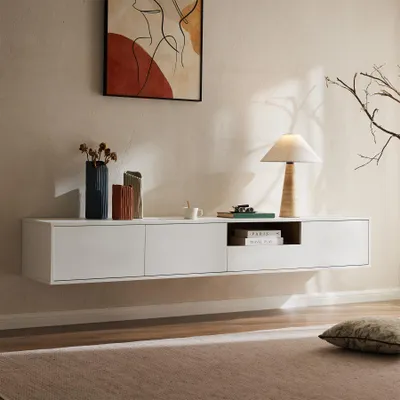 Produktbild von riess-ambiente Hängendes TV-Board LOFT 200cm weiß natur sieben Fächer mit Schublade Push to Open
