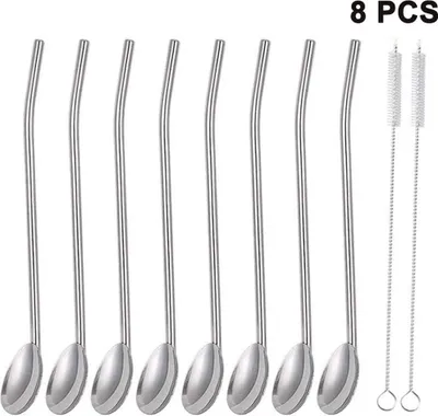 Produktbild von Edelstahl Trinkhalm Löffel, Wiederverwendbar Metall Strohhalm, Metall Strohhalme Löffel, Stroh Cocktail Löffel Set, Latte Macchiato Löffel 8 teilig