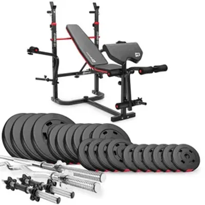 Produktbild von Hop-Sport Hantelbank HS-1065 + Curlpult - inkl. 105 KG Hantelset: Lang-, Curl- & Kurzhantelstange, Gewichte/Hantelscheiben