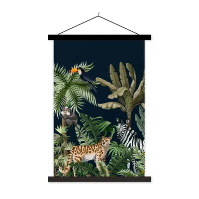 Produktbild von MuchoWow® Textilposter Dschungel - Pflanzen - Tiere - Kinder - Flamingo - Zebra 40x60 cm mit schwarzem Rahmen - Wanddekorationen