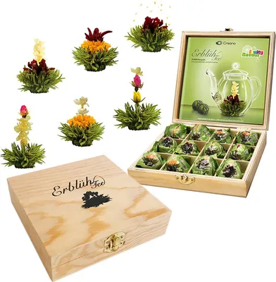 Produktbild von Creano Teeblumen Geschenkset in Holz Teekiste 12 Erblühtee in 6 Sorten grüner Tee fruchtig aromatisiert, Fruity Flavor