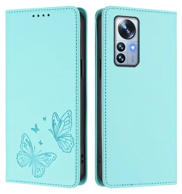 Produktbild von Lederhülle für Xiaomi 12 Pro / 12S Pro, Schmetterling Prägung Leder Brieftasche Schutzhülle mit Ständer Türkis