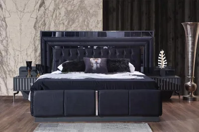 Productafbeelding van Zwarte luxe Chesterfield tweepersoonsbed, modern bedframe, houten meubels
