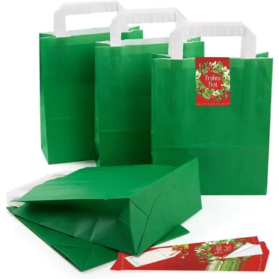 Produktbild von 5 kleine dunkel-grün Papier-Tüte Geschenk-Tütchen mit Henkel Boden 18 x 8 x 22 cm + 5 Aufkleber FROHE WEIHNACHTEN DANKE KUNDEN BAUM schwarz weiß gold Geschenk-Verpackung Beutel beschriftbar"Frohes Fest" rot grün / 5 Stück