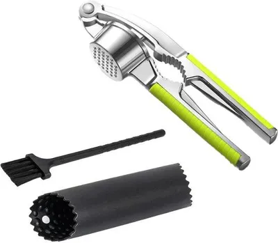 Produktbild von Ibenzoa® Multifunktionale Knoblauchpresse & Nussknacker aus Edelstahl/Zinklegierung, ergonomisch, 48 Mikroöffnungen, Silikon‑Schäler & Reinigungsbürste, 18 cm, antirutsch