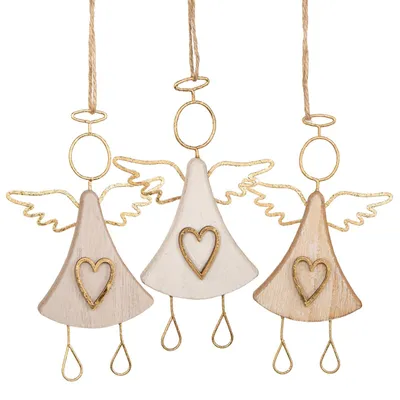 Produktbild von 3 Holzengel mit Herz - Engel Anhänger Set 15 x 6 cm Natur Gold
