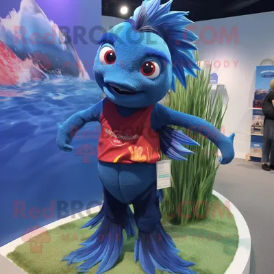 Produktbild von Marineblauer REDBROKOLY Betta-Fisch Maskottchen Kostüm charakter bekleidet mit einem Tanktop und Armbändern