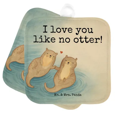 Produktbild von Mr. & Mrs. Panda Topfuntersetzer Otter Hände halten Design - Weiß - Geschenk, Seeotter, Kochlappen, Topflappen Set, Romantisch, topfhalter, Liebe, Händchen, Ofenlappen