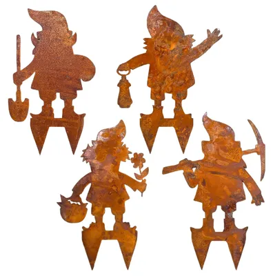 Produktbild von Omgoods – Set mit 4 Gartenzwergen – Gartendekoration – Dekoration für den Garten – Rostiges Metall – Vintage-Rostoptik – Dekoration für Blumenkästen