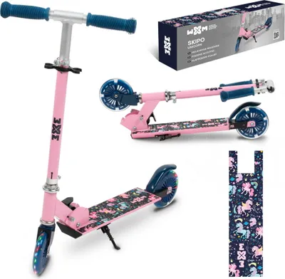 A collage of images showing a pink scooter with unicorn designs, its packaging, and a reusable shopping bag with the same design.