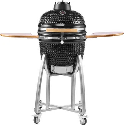 Produktbild von Kamado Grill - Keramik-Smoker Ø 45 cm - Thermometer bis 400 °C - Ober-/Unterluft regelbar - Metallgestell mit Rollen - Holzgriffe & Seitenablagen - Für BBQ, Grillen & Backen