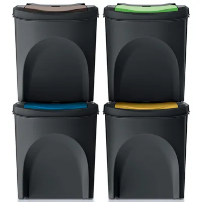 Four stacked recycling bins with different colored lids.