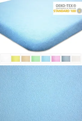 A close-up view of a light blue fitted sheet, with a row of color swatches below it.
