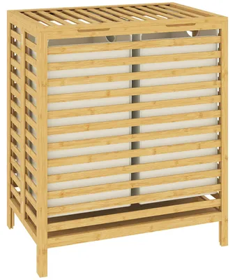 Zdjęcie produktu dla Koszyk na pranie z bambusa, 2 przegródki, pojemność 64 litry | Kolor: naturalny/kremowy | Wymiary: 55x36x64,2 cm