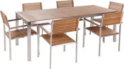 Produktbild von BELIANI Gartenmöbel Set 7-Teilig Hellbraun es Teakholz und Edelstahl Rechteckiger Tisch 200 x 90 cm 6 Stühle Modern Terrasse Outdoor