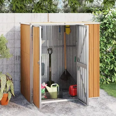 Image de Abri de jardin, cabanon de jardin, maisonnette de jardin, abri métallique, cabanon de jardin avec toit en pente, abri de jardin, armoire de jardin avec espace de rangement, acier galvanisé, couleur marron, dimensions : 161 x 89 x 161 cm