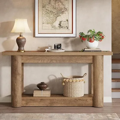 Produktbild von 160 cm Konsolentisch, Schmaler Flurtisch, Langer Sofatisch hinter dem Sofa, 2-stufiges Eingangstisch, Beistelltisch für Flur, Eingang, Wohnzimmer, Braun