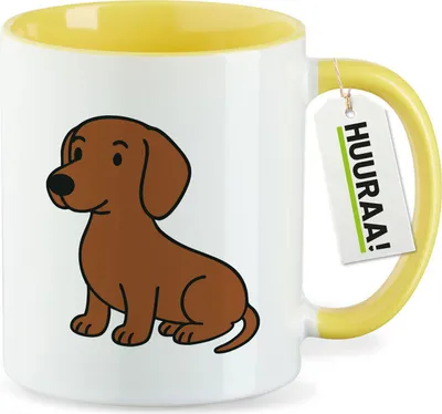 Produktbild von Huuraa Kaffeetasse Kurzhaar Dackel Dachshund Comic 330ml Gelb Keramik Kaffeebecher Geschenkidee
