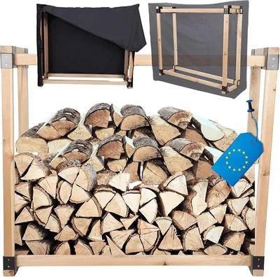 Produktbild von Kaminholzregal, Holzunterstand mit Abdeckung, stabiler Brennholzständer aus massivem Holz, Brennholzregal & Holzlager für Garten, Terrasse & Außenbereich, wetterfeste Schutzplane, 124x146x40 cm