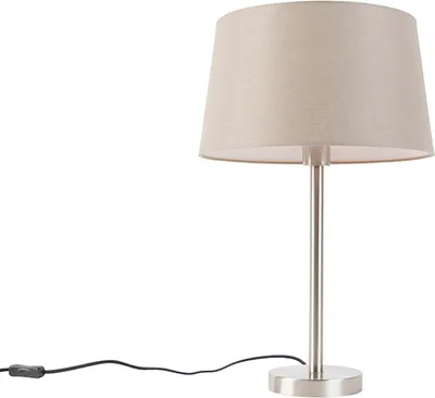 Zdjęcie produktu dla QAZQA – nowoczesna lampa stołowa stalowa I srebrna I niklowa matowa z abażurem w kolorze taupe 35 cm – Simplo I salon I sypialnia – tekstylna okrągła – przystosowana do żarówek LED E27
