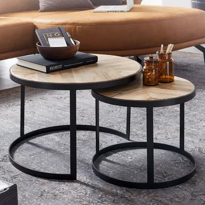 Produktbild von FineBuy Couchtisch 2er Set Massivholz / Metall Wohnzimmertisch Industrial Rund Beistelltisch mit Metallbeine Schwarz Tischset 2-teilig Satztisch Holz