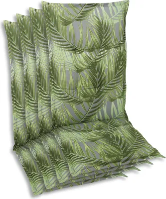 A stack of chair cushions with a green palm leaf pattern on a gray background.