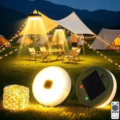 Produktbild von BARAKYEG Solar Camping Lichterkette Aufrollbar,10M Wasserdichte Camping Lichterkette Außen, 8 Beleuchtungsmodi,2000mAh,USB Wiederaufladbare,Campinglampe für Camping,Garten und Wandern,Zelt Camping