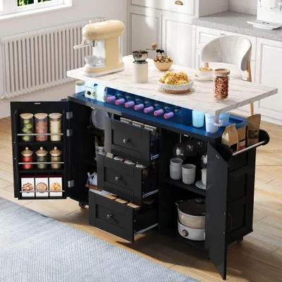 Immagine prodotto di Isola mobile da cucina, dimensioni 120x42(60)x93 cm, piano di lavoro pieghevole, 5 ruote, ripiano porta, portabottiglie, portabicchieri.
