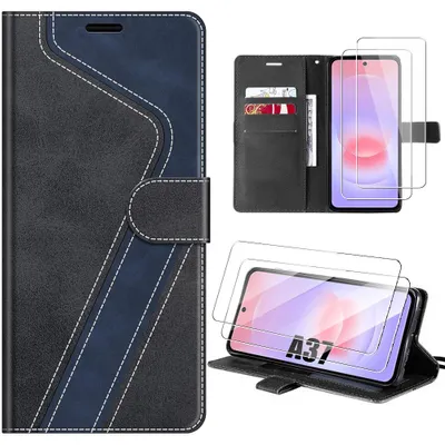 Image de Coque + 2 Verres Trempés pour Samsung Galaxy A37 5G, Antichoc Anti-Rayures CuirPolyuréthaneNoir Bleu Marine