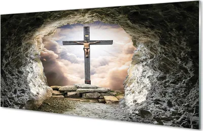 Produktbild von Glasbilder 100x50 Wandkunst Cave Licht Kreuz Jesus