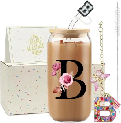 Imagen del producto de Vasos de vidrio con tapa y pajita, con letras del alfabeto A a la Z, de 450 ml, para bebidas