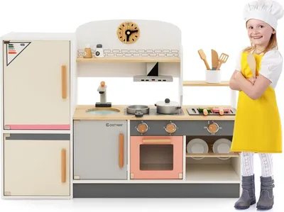 Obrázek produktu pro Dětská kuchyňka COSTWAY ze dřeva, hrací kuchyňka s odsavačem par, lednicí, kohoutkem a kuchyňským náčiním, dřevěná kuchyňka na hraní s úložným prostorem pro děti od 3 let