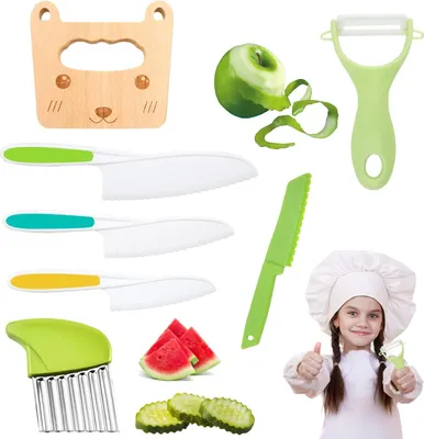 Obrázek produktu pro Sada 7 plastových kuchyňských potřeb pro děti, dřevěné bezpečnostní potřeby pro děti, kuchyňské potřeby pro děti, nádobí na ovoce a luštěniny s gumovými deskami