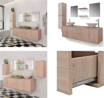 Produktbild von vidaXL 11 tlg. Badmöbel Set mit Waschbecken und Wasserhahn Beige - Badezimmermöbel - Badmöbel - Badmöbel Set - Badschrank