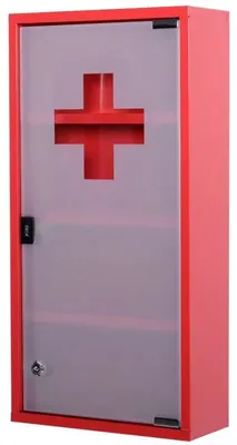 Zdjęcie produktu dla Szafka medyczna – apteczka pierwszej pomocy metalowa z 4 półkami | Kolor: czerwony | Wymiary: 30x12x60 cm