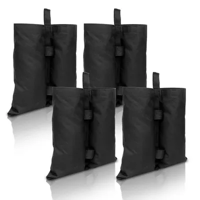 A set of five black sandbags arranged in a staggered formation on a white background.