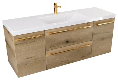 Produktbild von ATHD Wandhängender Waschtischunterschrank mit Waschbecken 120 cm D - Evoke  Matt Eiche - Griffe aus poliertem Gold