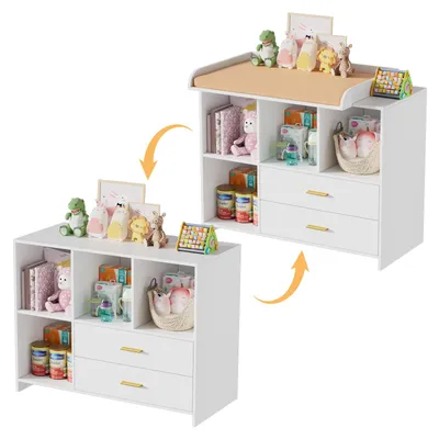 Obrázok produktu pre Prebaľovací pult s odnímateľným prebaľovacím pultom – 2 zásuvky, 4 otvorené priehradky, 94,7 x 40 x 87,8 cm, biely, z dreva s prebaľovacím pultom Detská polička s veľkým úložným priestorom