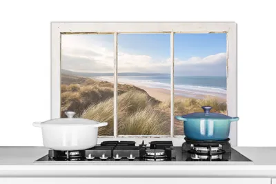 Produktbild von KitchenYeah® Spritzschutz Küche - Küchenrückwand - Wandschutz für Herd und Spüle - Aussicht - Strand - Meer 90x60 - Alu-Dibond (Alternative zum Spritzschutz aus Glas) - Hitzebeständig - Herdspritzsch