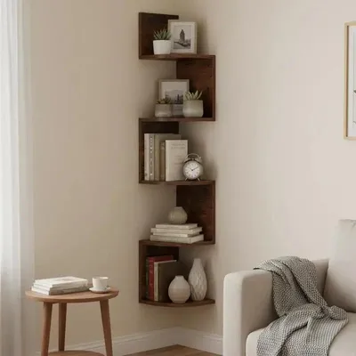 Immagine prodotto di Mensola angolare a 5 ripiani, sospesa, per libri, da montare a parete, organizer, color marrone rustico