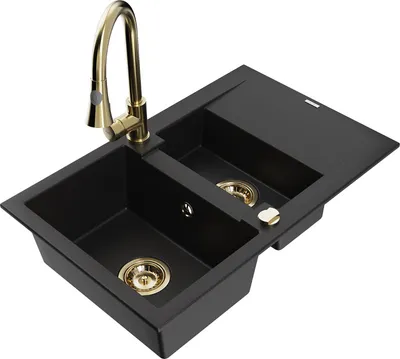 Produktbild von Mexen Gaspar 1,5-Becken-Granitspüle mit Abtropffläche und Mischbatterie Elia, Schwarz - 6507-77-670101-50
