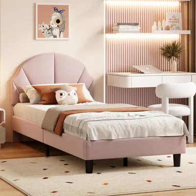 Zdjęcie produktu dla Łóżko tapicerowane 90 x 200 cm, pojedyncze łóżko z listwami, łóżko dla dzieci, młodzieży i dorosłych, aksamit, różowe
