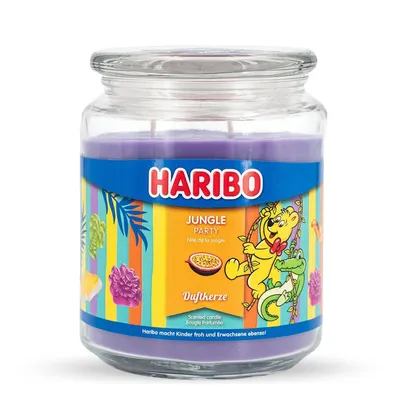 Produktbild von Haribo™ Duftkerze Jungle Party, 2 Dochte, HxD: 13 x 10 cm, 100h Brenndauer, Kerze im Glas, Kokosnuss & Pfirsich, lila