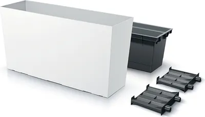A white planter box, a black insert, and two black support pieces are arranged on a white background.